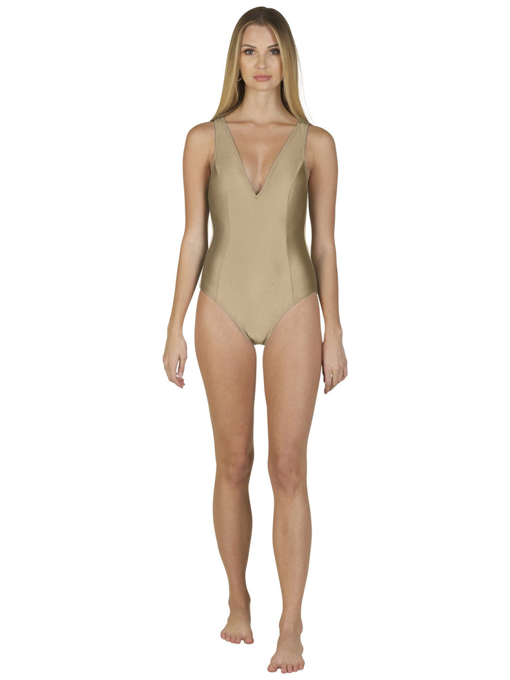 Bella Paradise luxury one piece swimsuit in Nude with deep V neckline and sleeveless design