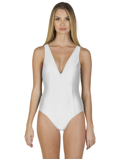 Bella Paradise luxury one piece swimsuit in white with a deep V neckline and sleek design