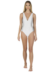 Bella Paradise luxury one piece swimsuit in white with deep V neckline and sleek design