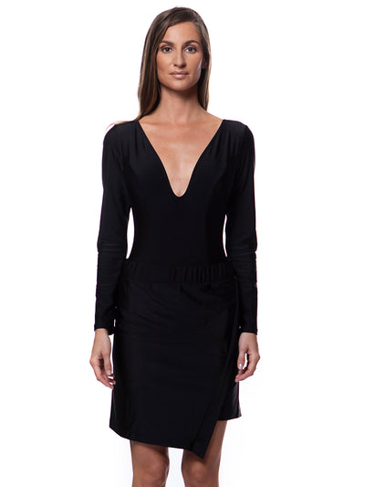 Bella Paradise luxury resort skirt in black with long sleeve swimsuit  and deep V neckline for elegant wear