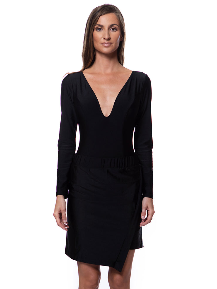 Bella Paradise luxury resort skirt in black with long sleeve swimsuit  and deep V neckline for elegant wear