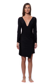 Bella Paradise luxury resort skirt black with deep V-neck long sleeve swimsuit for elegant occasions