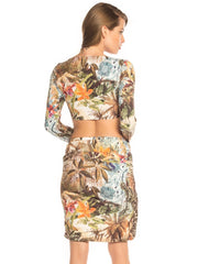 Bella Paradise color print size luxury resort skirt with tropical floral pattern and long sleeve crop top
