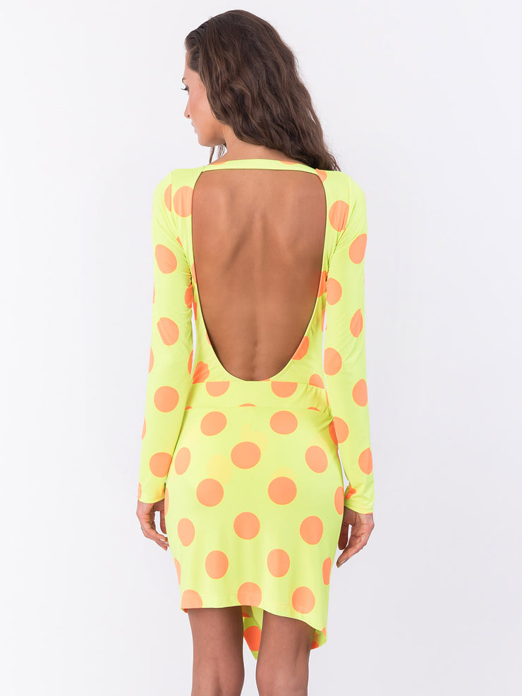 Bella Paradise luxury resort skirt for women in yellow with orange polka dots and open back design
