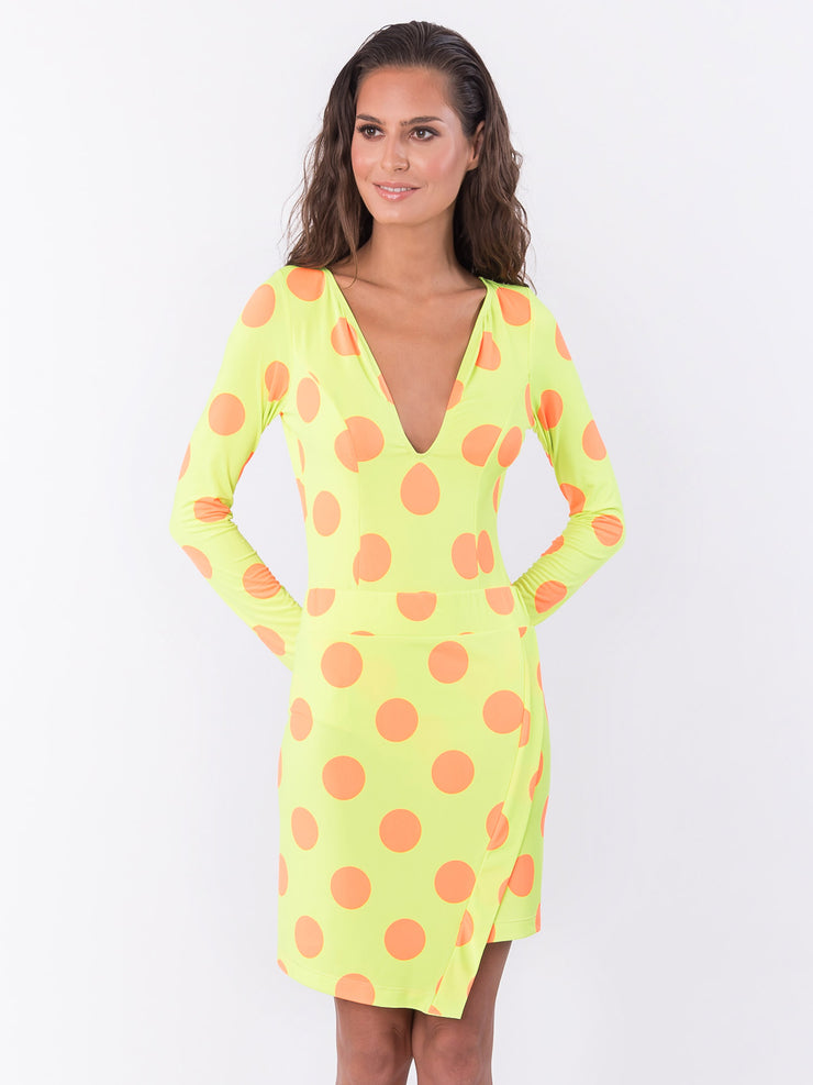 Bella Paradise luxury resort skirt for women in yellow with orange polka dots and deep V neckline