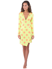 Bella Paradise luxury resort skirt for women in yellow with orange polka dots and long sleeves