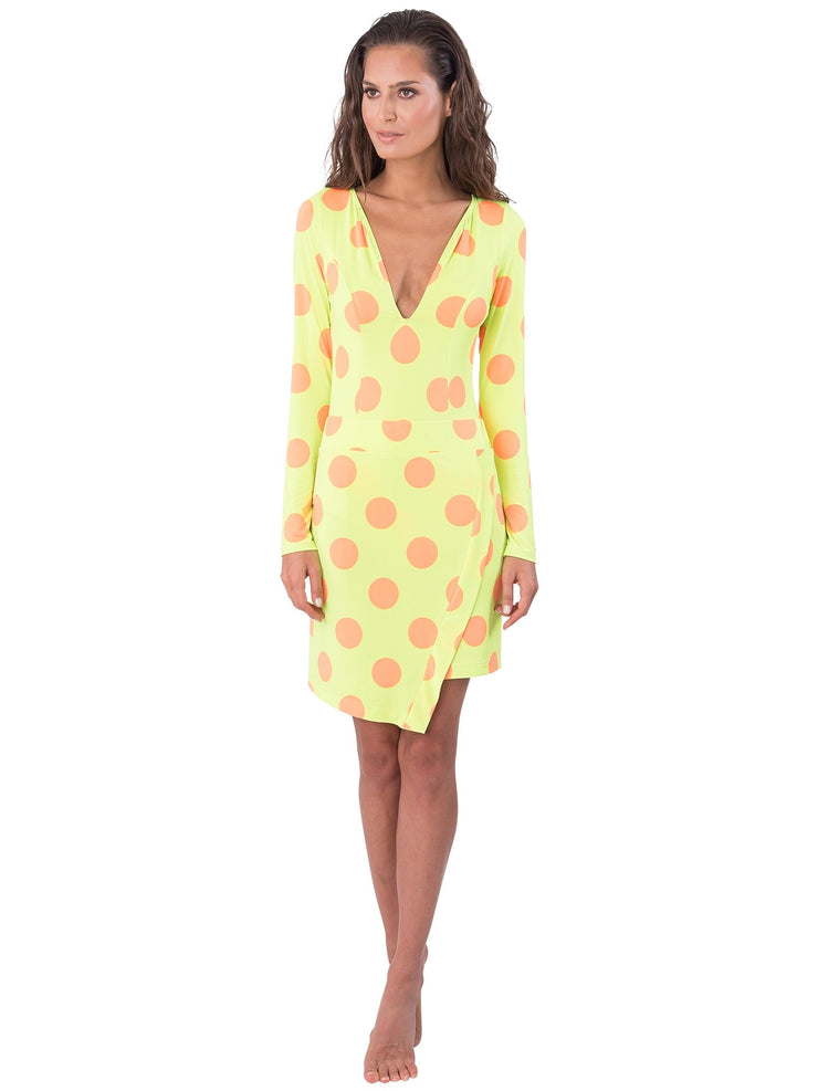 Bella Paradise luxury resort skirt for women in yellow with orange polka dots and long sleeves
