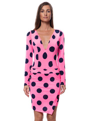 Bella Paradise luxury resort wear skirt in pink with black polka dots and long sleeve top