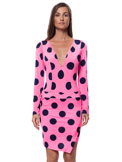 Bella Paradise luxury resort wear skirt in pink with black polka dots and long sleeve top
