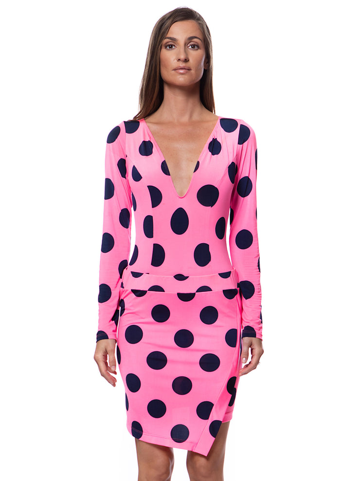 Bella Paradise luxury resort wear skirt in pink with black polka dots and long sleeve top