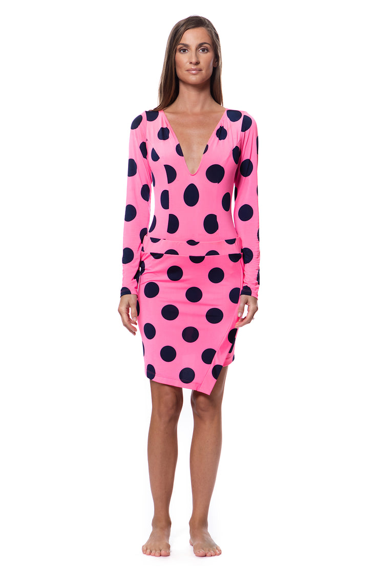 Bella Paradise pink color print luxury resort wear skirt with black polka dots and long sleeves