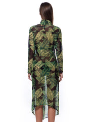 Bella Paradise luxury swim cover up for women in green tropical leaf print sheer fabric with long sleeves
