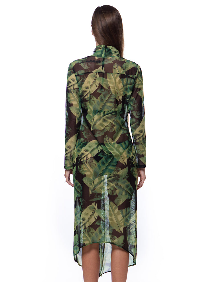 Bella Paradise luxury swim cover up for women in green tropical leaf print sheer fabric with long sleeves