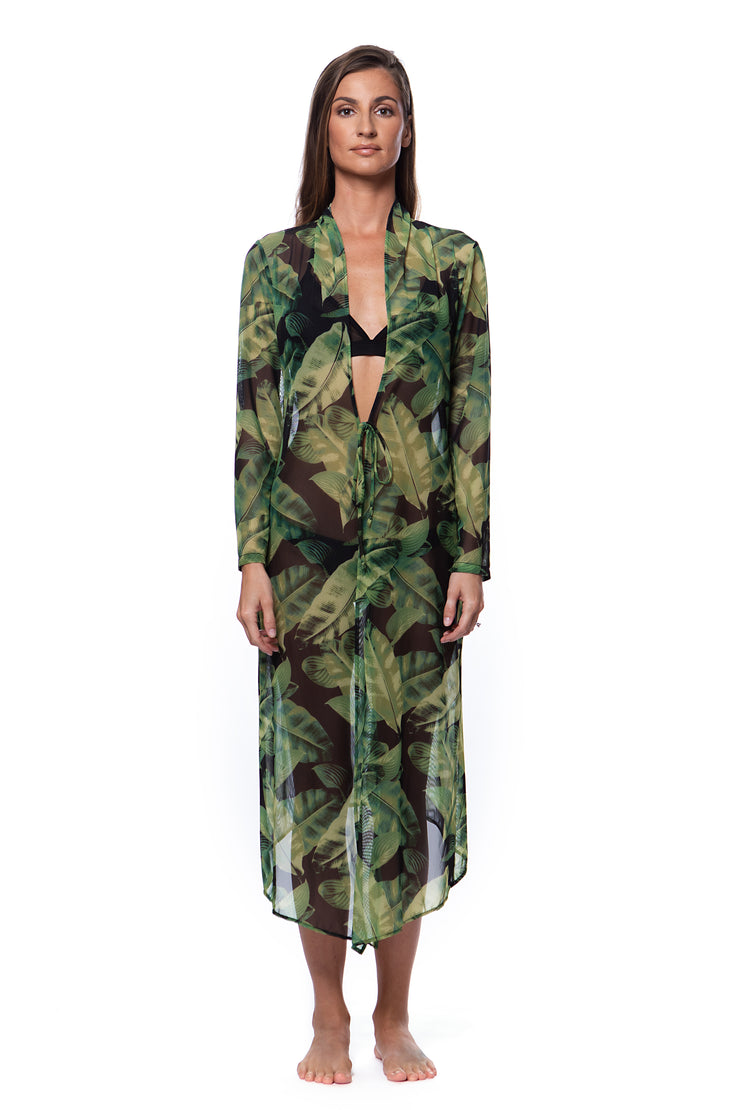 Bella Paradise luxury sand duster swim cover up for women in tropical leaf print sheer fabric with long sleeves