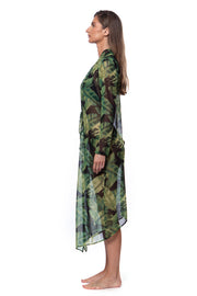 Bella Paradise luxury swim cover up for women in green tropical leaf print sheer fabric