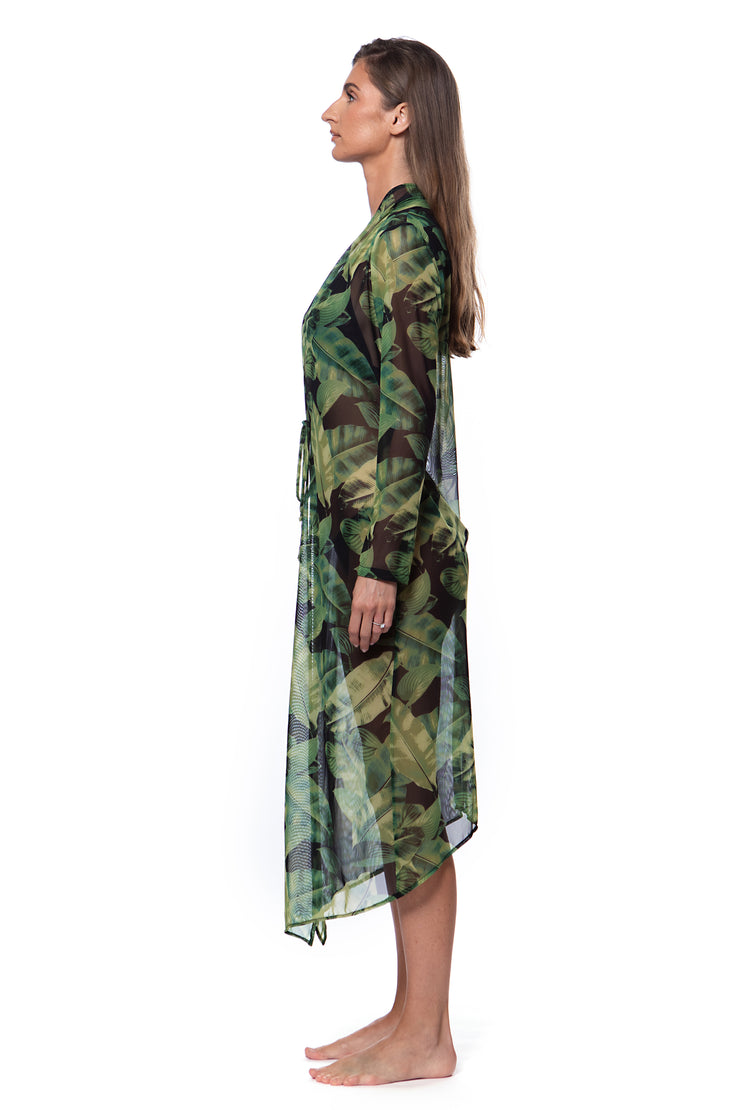 Bella Paradise luxury swim cover up for women in green tropical leaf print sheer fabric
