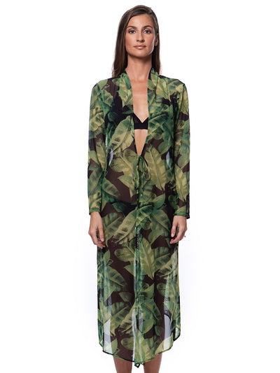 Bella Paradise color print luxury swim cover up for women with green ltropical eaf pattern and long sleeves