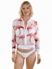 Bella Paradise luxury swim cover up jacket with pink flamingo print and white trim