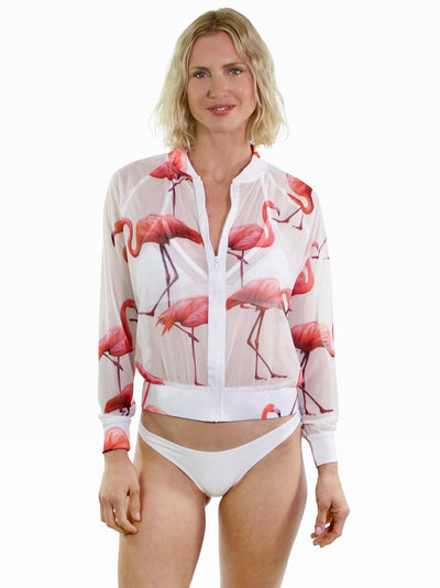 Bella Paradise luxury swim cover up jacket with pink flamingo print and white trim