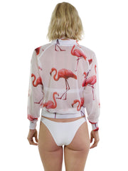 Bella Paradise luxury swim cover up jacket with pink flamingo print on sheer fabric