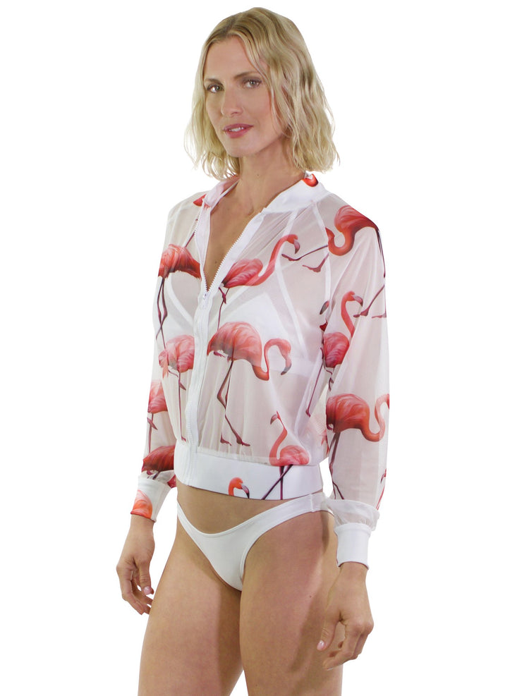 Bella Paradise luxury swim cover up jacket with pink flamingo print on white fabric