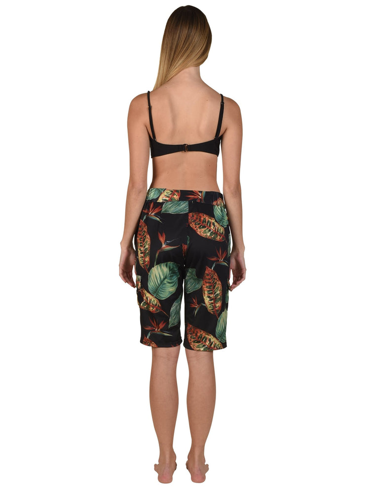 Bella Paradise color print size luxury women's board shorts with tropical leaf pattern from back view