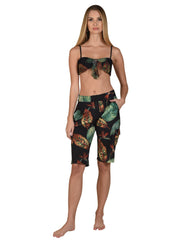 Bella Paradise luxury women's board shorts with colorful tropical leaf print in knee-length style