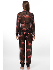 Bella Paradise color print mesh bomber jacket for women with pink flamingo design back view