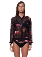 Bella Paradise mesh bomber jacket for women with pink flamingo print on black sheer fabric