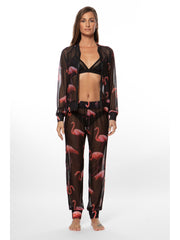Bella Paradise mesh bomber jacket for women with black and pink flamingo print sheer fabric