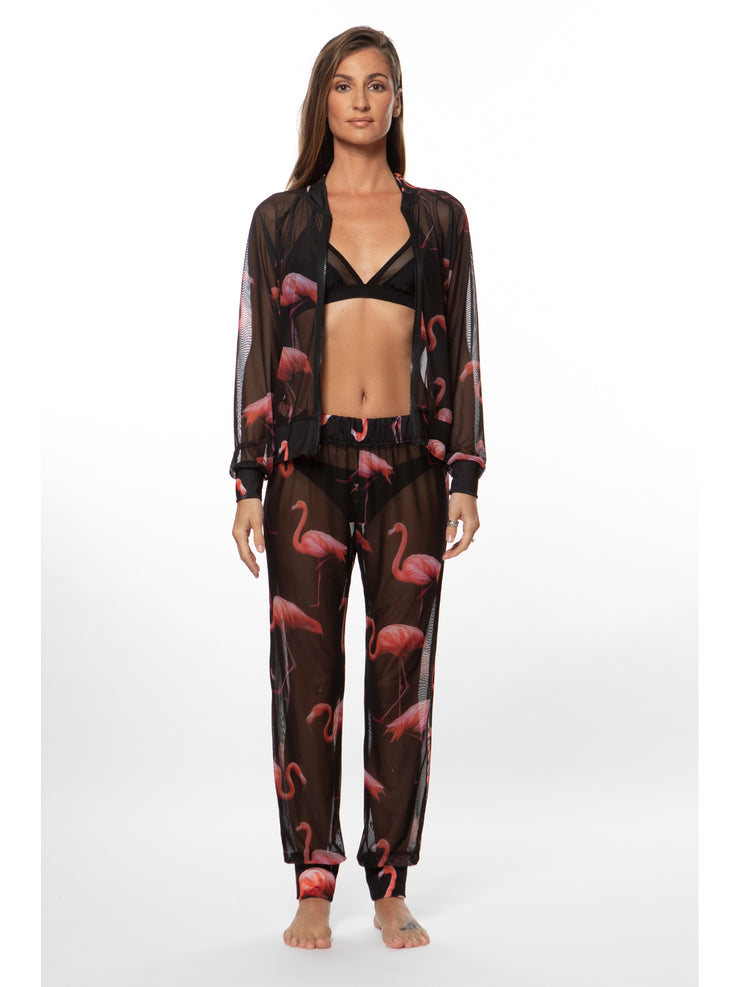 Bella Paradise mesh bomber jacket for women with black and pink flamingo print sheer fabric