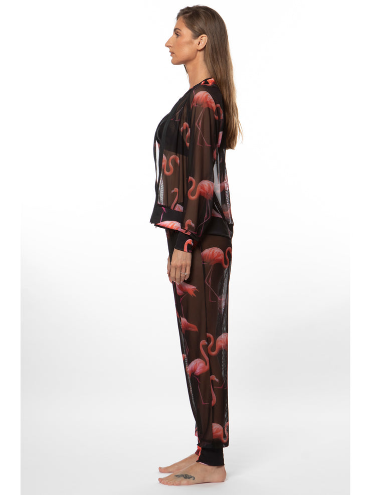 Bella Paradise mesh bomber jacket for women with pink flamingo print on sheer black fabric