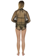 Back view of woman wearing metallic fishnet bomber jacket women in black with mesh design