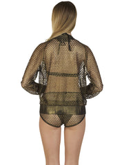Back view of a woman wearing Bella Paradise metallic fishnet shorts with matching long-sleeve fishnet top