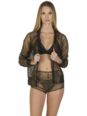 Bella Paradise metallic fishnet shorts with matching fishnet jacket and black bikini top