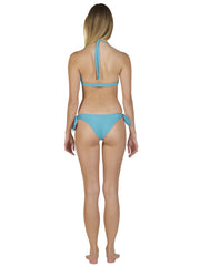 Back view of woman wearing blue tie front bikini top and matching bottoms by Bella Paradise
