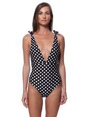 Bella Paradise polka dot high tied bathing suit in black and white with deep V neckline