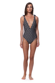Bella Paradise color print size polka dot high tied bathing suit with deep V neckline and shoulder ties