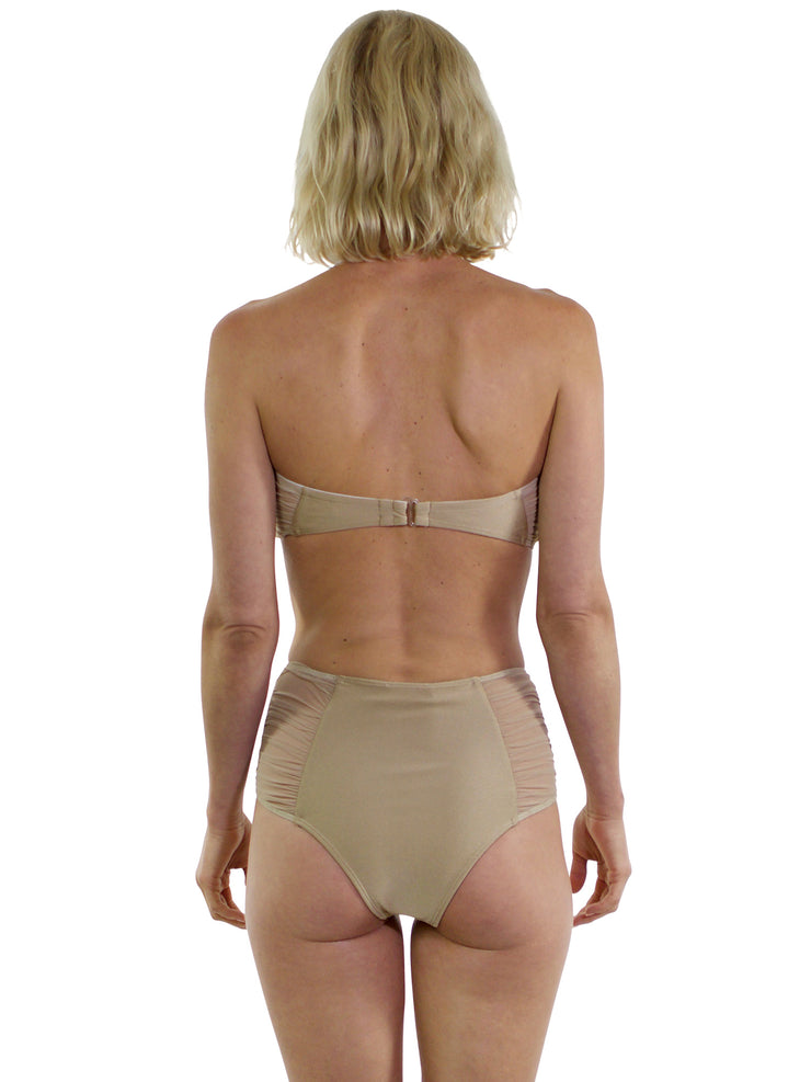 Bella Paradise color print size beige high-waist bikini bottom and strapless top modeling resort wear sexy pretty tropical vacation beach to street luxury white party wedding honeymoon