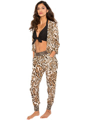 Bella Paradise resort woven leopard cover up pants for women styled with matching jacket and black bikini top