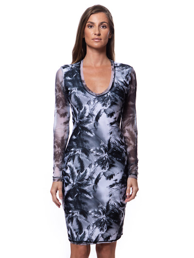 Bella Paradise tropical long sleeve dress with black and gray palm tree print and fitted silhouette