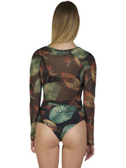 Bella Paradise color print size tropical mesh crop top for women with long sleeves and tropical leaf design