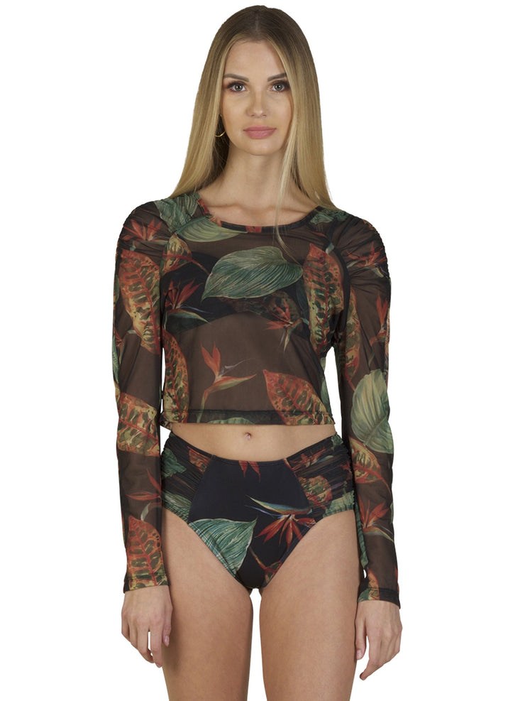 Bella Paradise tropical mesh crop top for women with long sleeves and colorful tropical leaf print 