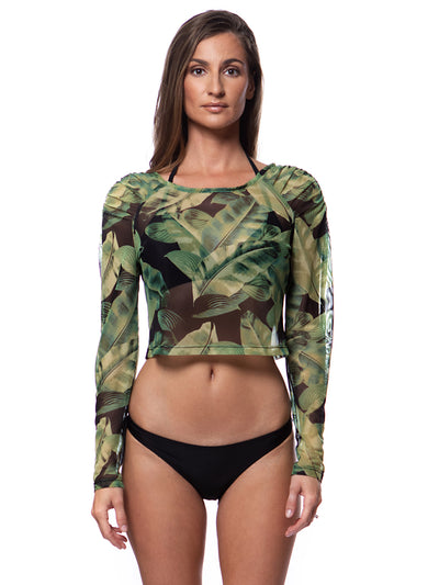 Bella Paradise tropical mesh crop top for women with green leaf print and long sleeves