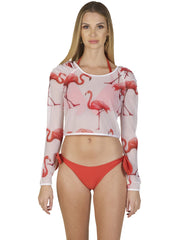 Bella Paradise tropical mesh crop top for women with pink flamingo print and long sleeves