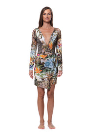 Bella Paradise tropical skirt color print size worn by woman with long sleeves and deep V neckline