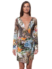 Bella Paradise tropical skirt featuring vibrant floral and jungle print with long sleeves and deep V neckline