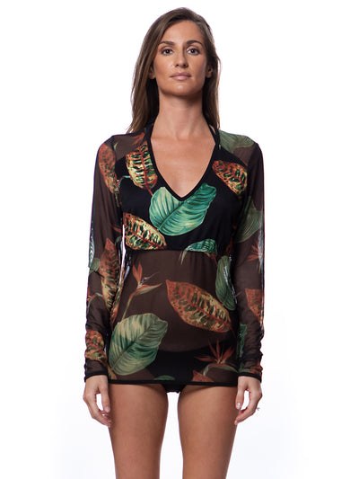 Bella Paradise long sleeve tropical rash guard with green and brown leaf print in color print size