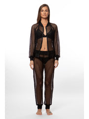 Bella Paradise luxury mesh bomber jacket in black worn by model with matching mesh pants