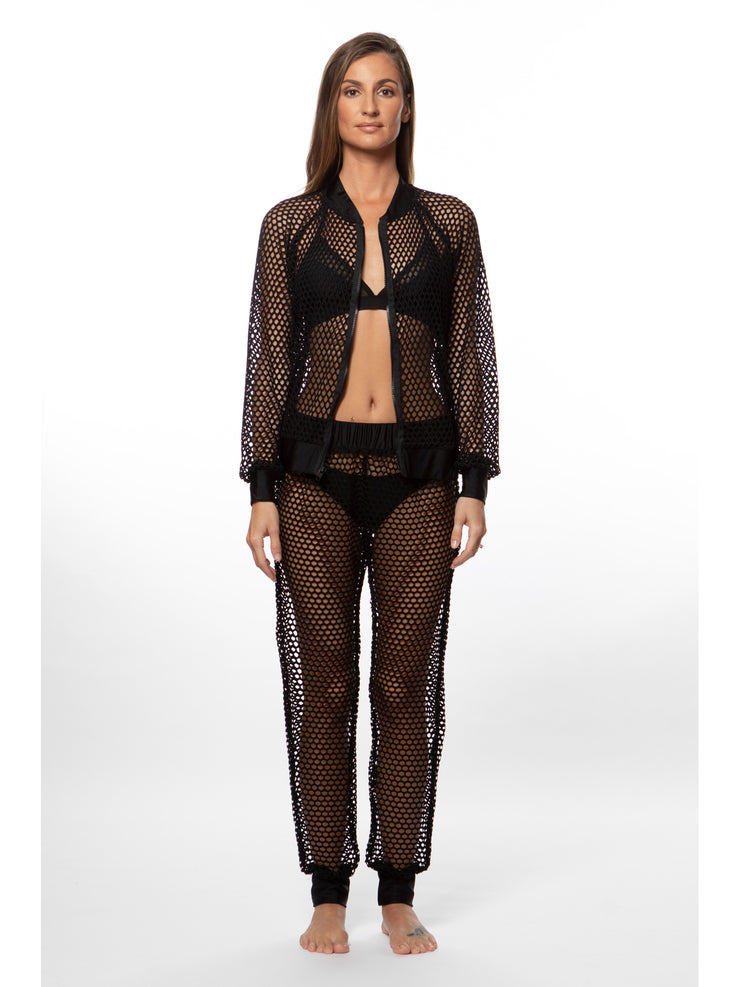 Bella Paradise luxury mesh bomber jacket in black worn by model with matching mesh pants